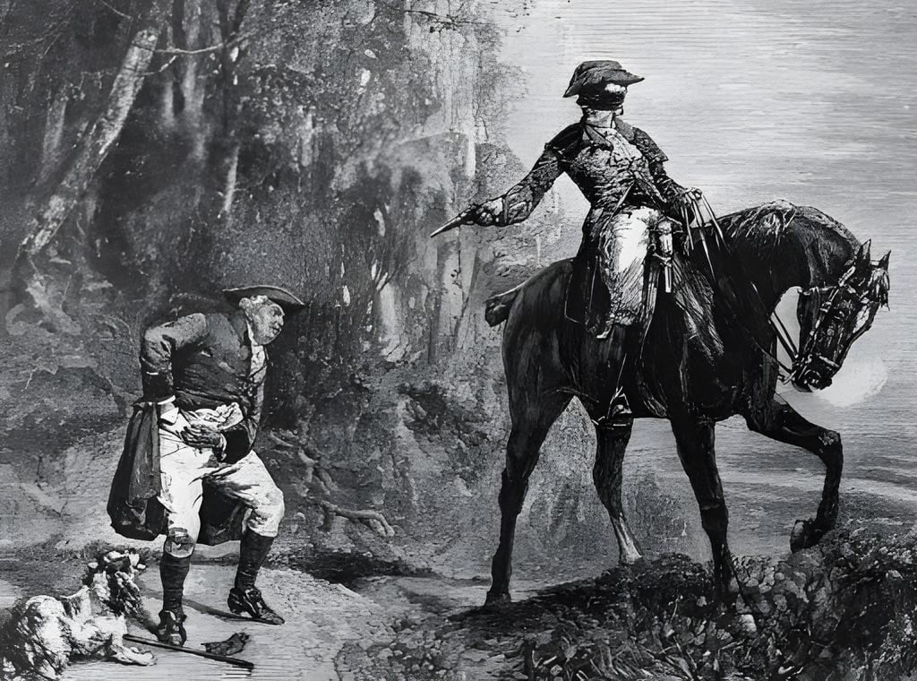 Painting of a highway man, James Freney, on a horse 